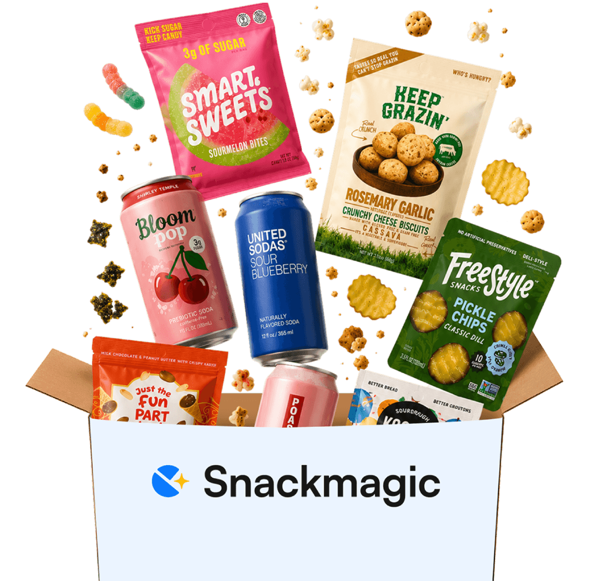 Snackmagic snack box overflowing with snacks and drinks