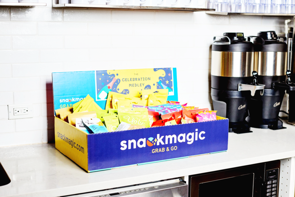 A stocked SnackMagic box in a shared community space in an office. 