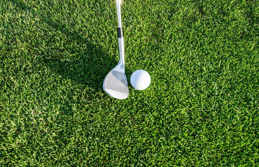 A golf club and golf ball on fresh green grass.
