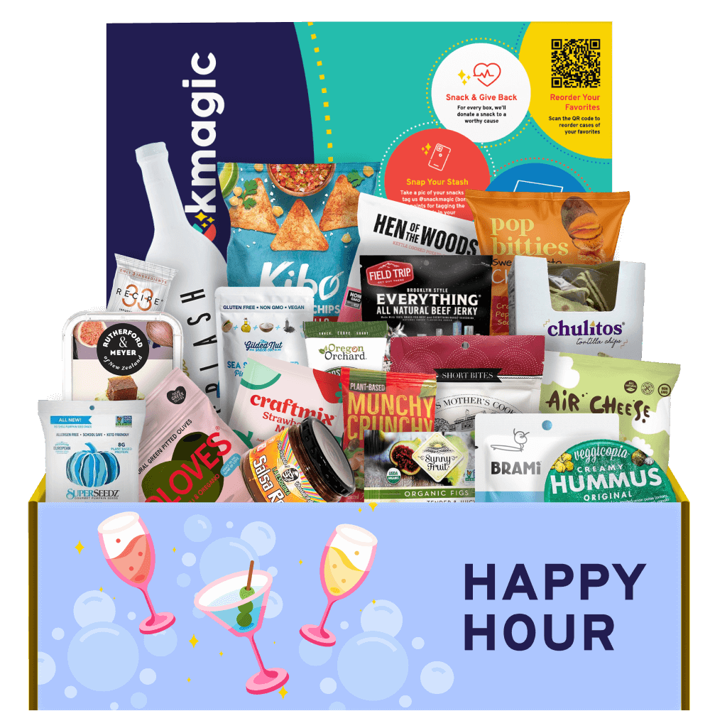 A huge Snack Magic box full of treats and sips around a Happy Hour theme.