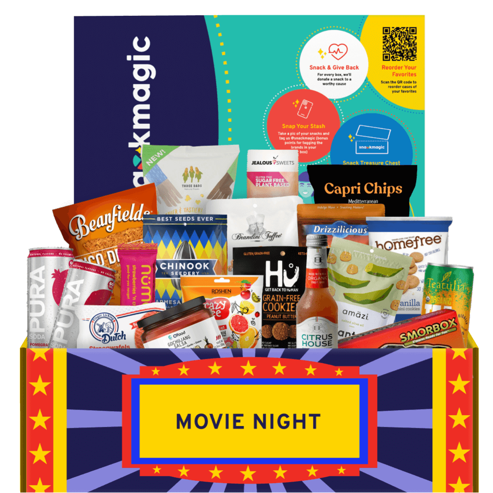 A huge variety of snacks in a Snack Magic box around the theme of Movie Night. 