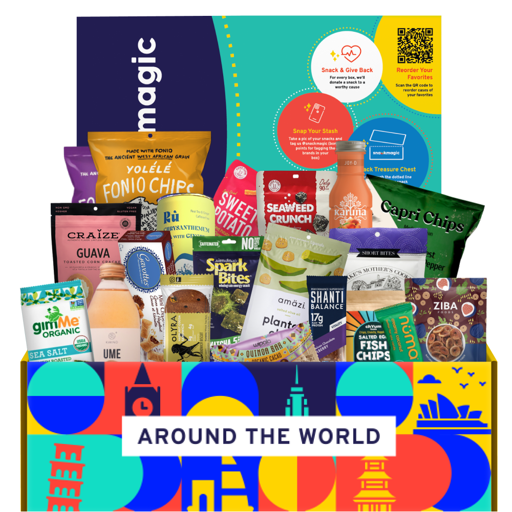 A Snack Magic Around the World curated box with a huge amount of snacks and sips from all corners of the globe.