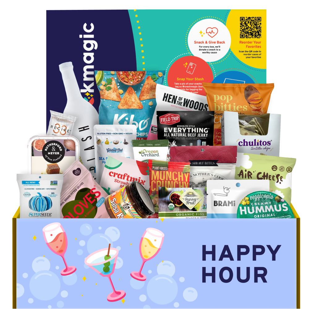 A Snack Magic Happy Hour curated box with a huge amount of snacks and sips inspired by sharing a drink and snack. 